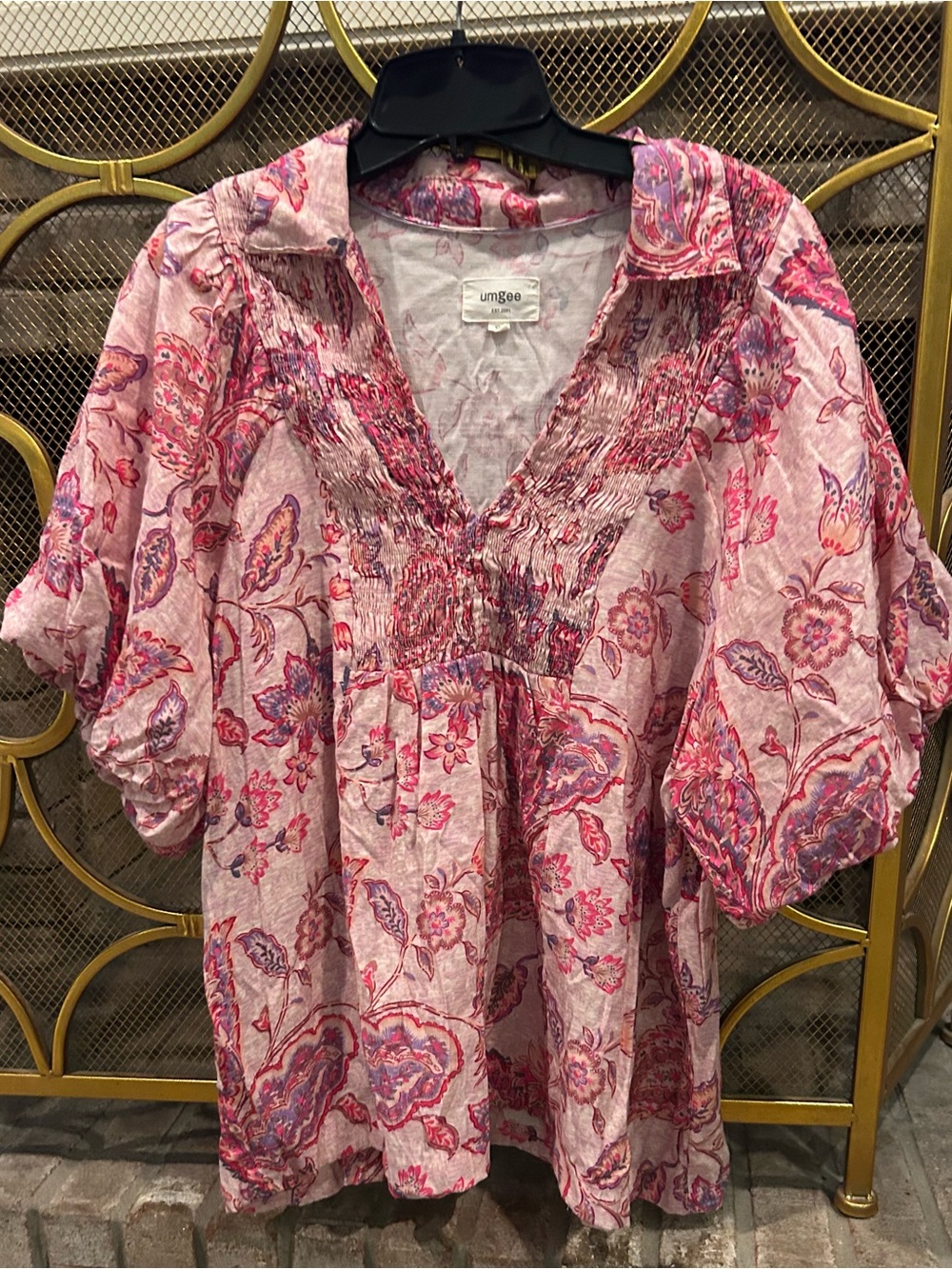 Umgee Pink & Purple Floral Smocked V-Neck Blouse